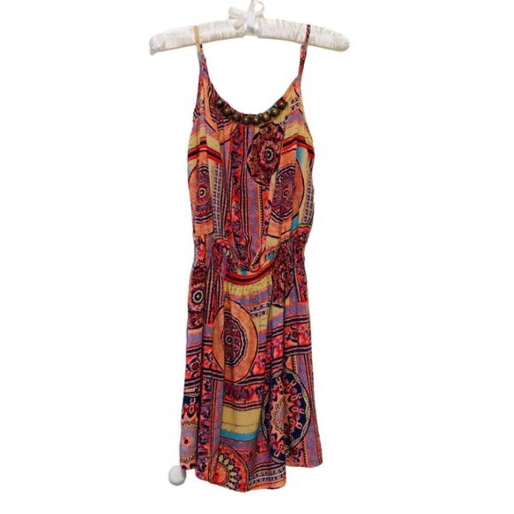Davichi Dress Abstract Print Curved Hem Wooden Beads Neck Women’s XS Extra Small